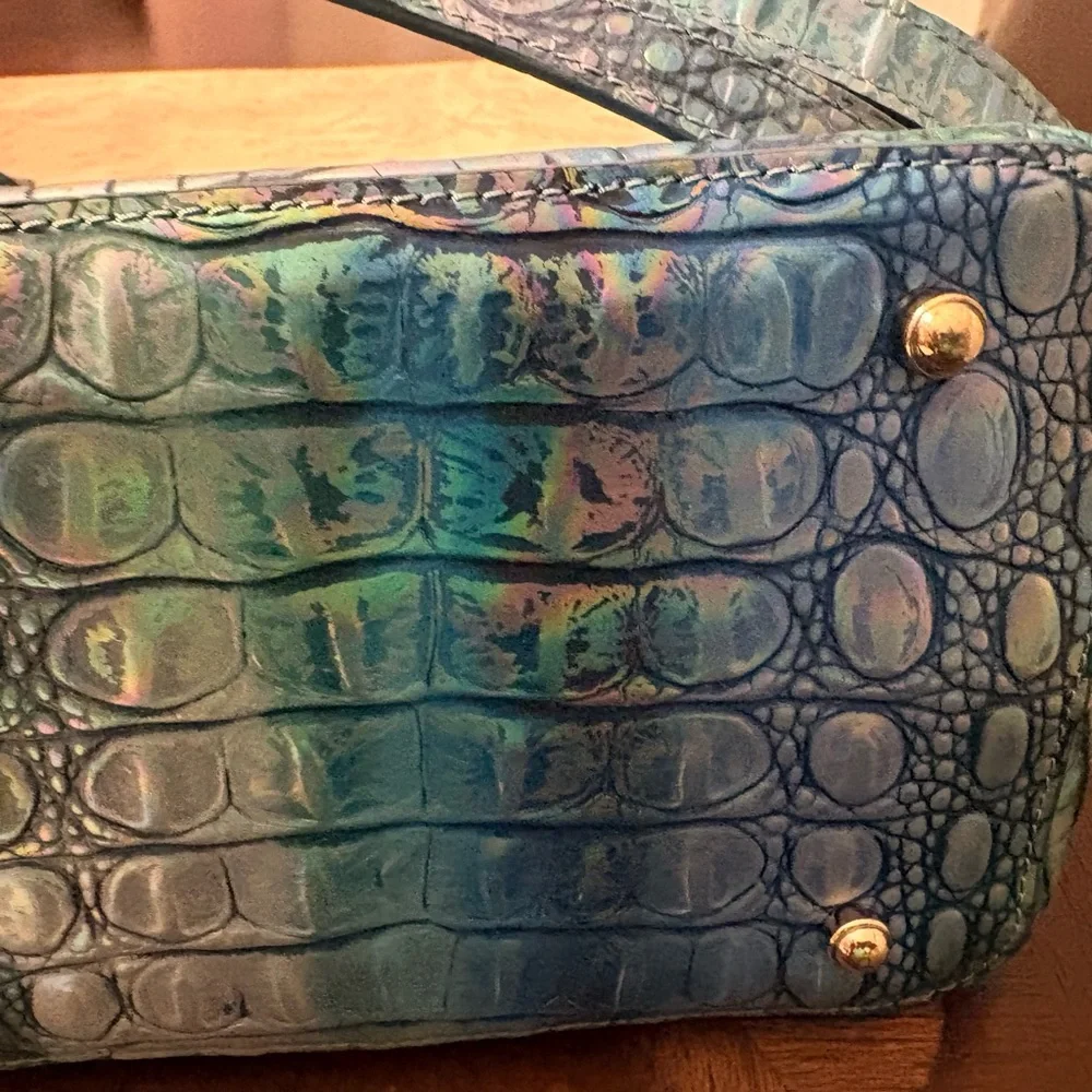 Brahmin Iridescent Teal Blue Croc-Embossed Satchel - Picture 4 of 11